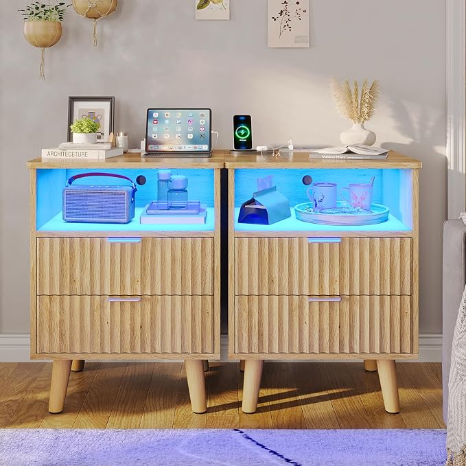 VIAGDO Fluted Nightstand Set of 2 with Charging Station and LED Lights, Modern Night Stand Set 2 with Drawers and Open Storage Cabinet, Bed Side Tables with Gold Metal Handle for Bedroom, Natural Oak by VIAGDO