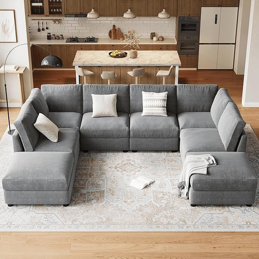 GAOMON Oversized Modular Sectional Sofa, 8 Seater Sectional Couch, 138" U Shaped Sofa with Movable Ottoman, Convertible Modular Couch for Living Room Apartment and Office, Chenille Grey