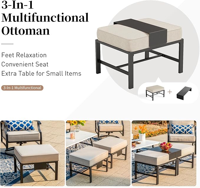 Patio Furniture Set, Modern Metal Outdoor Patio Furniture, 3 Seater Sofa, 2 Single Chairs, 2 Ottomans, Coffee Table and 5.75" Extra Thick Cushion, Patio Conversation Set for Backyard