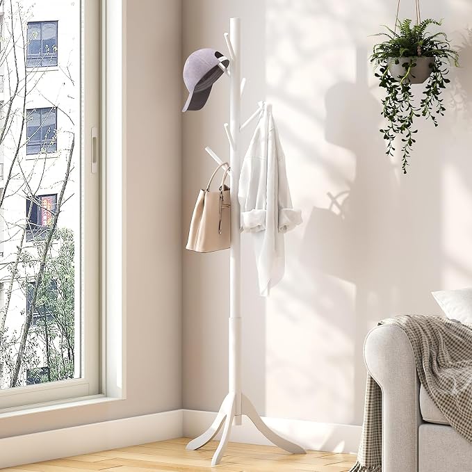 kiplant Coat Rack Stand with 8 Hooks, Adjustable Coat Standing Tree Easy Assembly for Coats, Hats, Scarves and Handbags for Entryway, Hallway, Bedroom, Office (Bamboo, White) - Image 5
