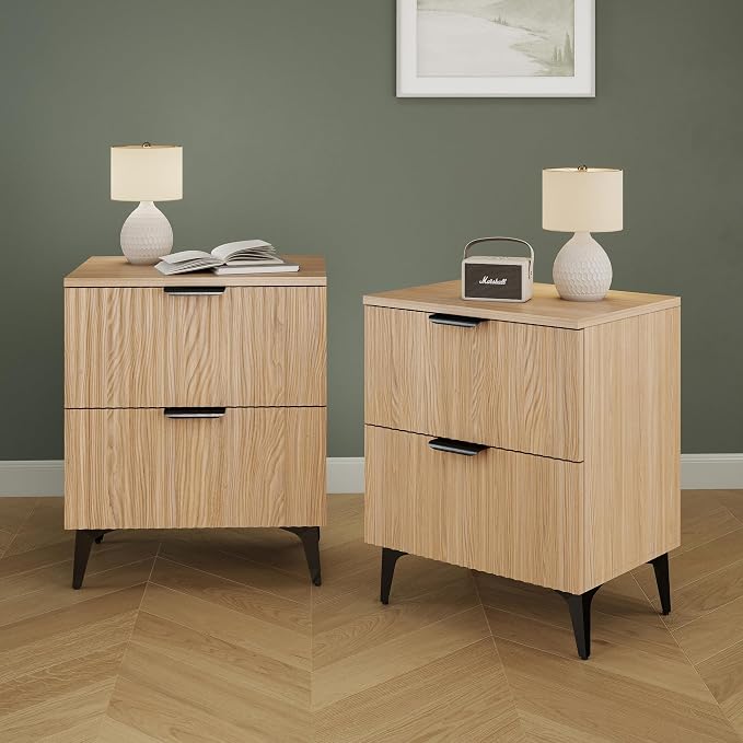 Wood Night Stand Set 2 Fluted Dresser for Bedroom 2 Drawers End Tables Nightstands Set of 2, Storage Modern Bedside Table Set of 2, Oak Nightstand by Unknown