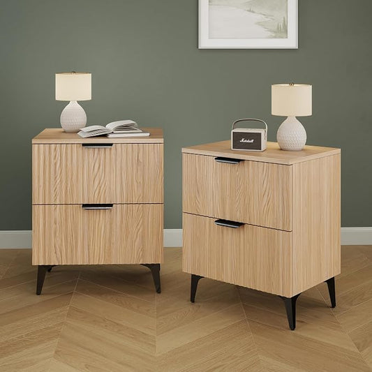 Wood Night Stand Set 2 Fluted Dresser for Bedroom 2 Drawers End Tables Nightstands Set of 2, Storage Modern Bedside Table Set of 2, Oak Nightstand by Unknown