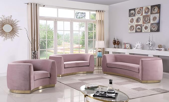 Meridian Furniture Julian Collection Modern | Contemporary Velvet Upholstered Loveseat with Stainless Steel Base in Rich Gold Finish, Pink, 70" W x 34" D x 28" H