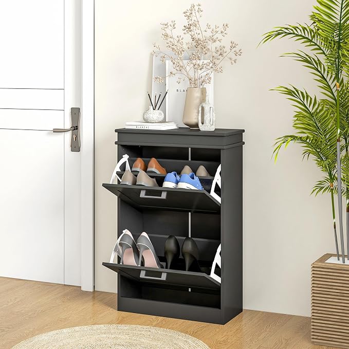 HOMCOM Narrow Shoe Cabinet with 2 Flip Drawers, Modern Freestanding Shoe Storage Cabinet with Adjustable Shelves for Entryway, Hallway, Black - Image 9
