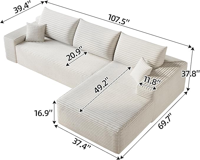 Modular Sectional Sofa Boneless Couch with Deep Seats, 108" L Shape Memory Foam Compression Cloud Couch with Chaise Lounge, Floor Sectional Sofa for Living Room