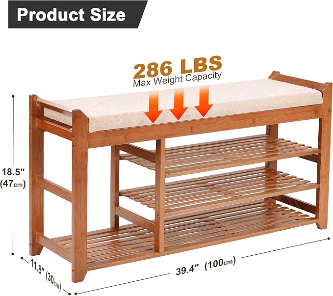 PETKABOO Shoe Rack Bench with Cushion 39.4“, Shoe Rack for Front Door Entrance, Shoe Bench with Storage for Entryway Hallway Bedroom Living Room - Image 3