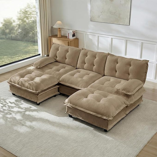 108" U Shaped Modular Sectional Sofa Couches for Living Room, Cloud Couch with Movable Ottomans, Comfy Chenille Sofa with Pillow-top Armrest for Bedroom Apartment | Free Combination, Tufted