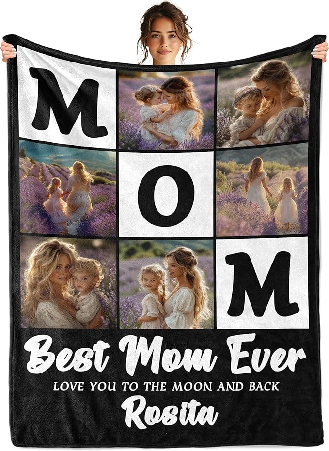 Personalized Mothers Day Birthday Gifts for Mom From Daughter Son Kids, Best Mom Ever Custom Blanket with Photos Text, Personalized Christmas Valentines Day Unique Gifts for Wife From Husband