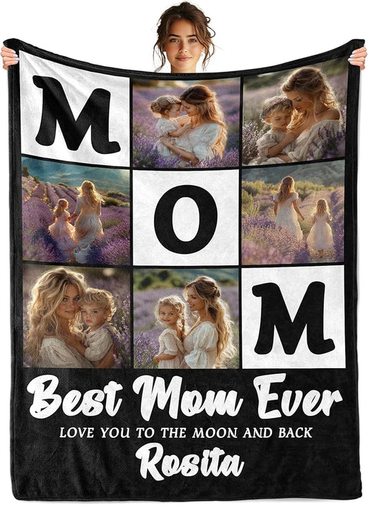 Personalized Mothers Day Birthday Gifts for Mom From Daughter Son Kids, Best Mom Ever Custom Blanket with Photos Text, Personalized Christmas Valentines Day Unique Gifts for Wife From Husband