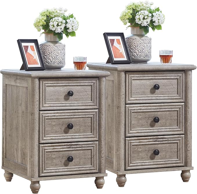 RWYHG 18" Farmhouse Night Stand Set of 2, Gray Wood Nightstand with 3 Drawers, Bedside End Table with Storage and Roman Column, Bed Side Tables Cabinet for Bedroom, Living Room, and Closet by RWYHG