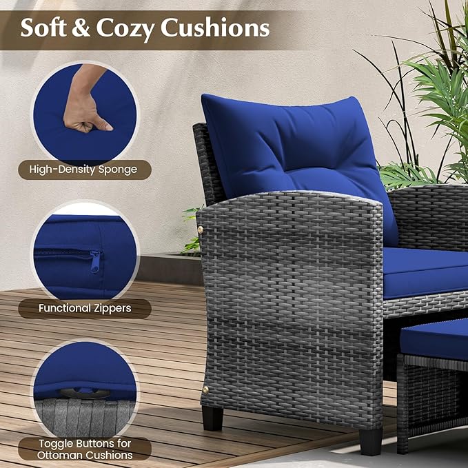 KOTEK 5 Pieces Patio Furniture Set with Ottomans, Wicker Patio Conversation Set with Coffee Table & Cushions, PE Rattan Outdoor Lounge Chairs for Backyard, Porch, Poolside (Mix Grey- Navy)