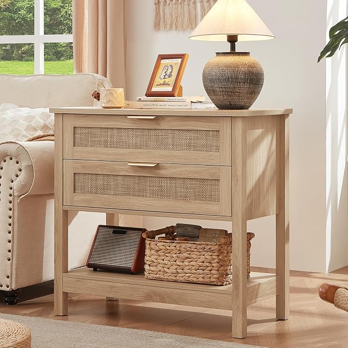 LEYAOYAO 31.5" Wide Rattan Night Stand, Oversized Large Boho Nightstand with 2 Drawer, Natural Wood Bed Side End Tables with Storage Shelf, Tall Bedside Table for Bedroom Living Room, Hallway by LEYAOYAO-Findtheshiningpointofyourideallife%EF%BC%81