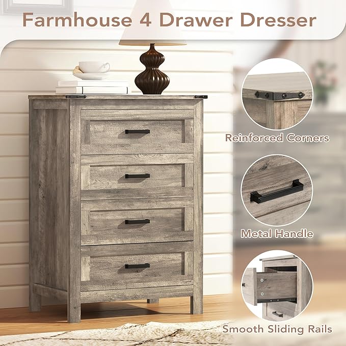 EazeHome 3-Piece Bedroom Furniture Set，Farmhouse Vertical 4-Drawer Dresser with 2 Nightstands, Retro Dresser and Nightstand Sets, Antique Gray