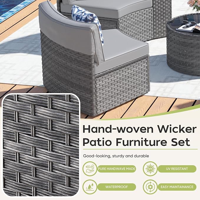 ABCASA Outdoor Patio Furniture Set with Coffee Table,11 Pieces Half-Moon Curved Outdoor Sectional Sofa and Side Table Waterproof Cover, Wicker Rattan Patio Coversation Set for Porch,Backyard(Grey)