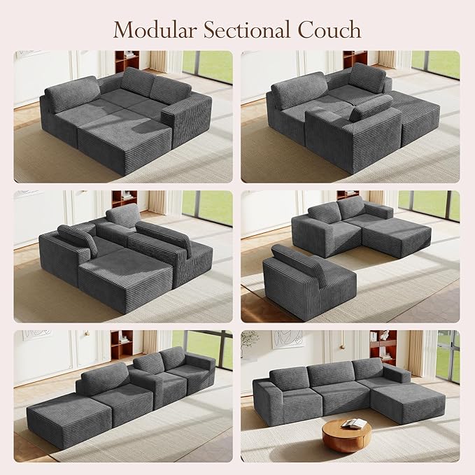 Vesgantti 119" L-Shaped Modular Sectional Sofa, Corduroy Cloud Couch with Deep Seating & Spring Support, Flexible Layout Sofa with Ottoman, Boneless Style, No Assembly Required, Grey