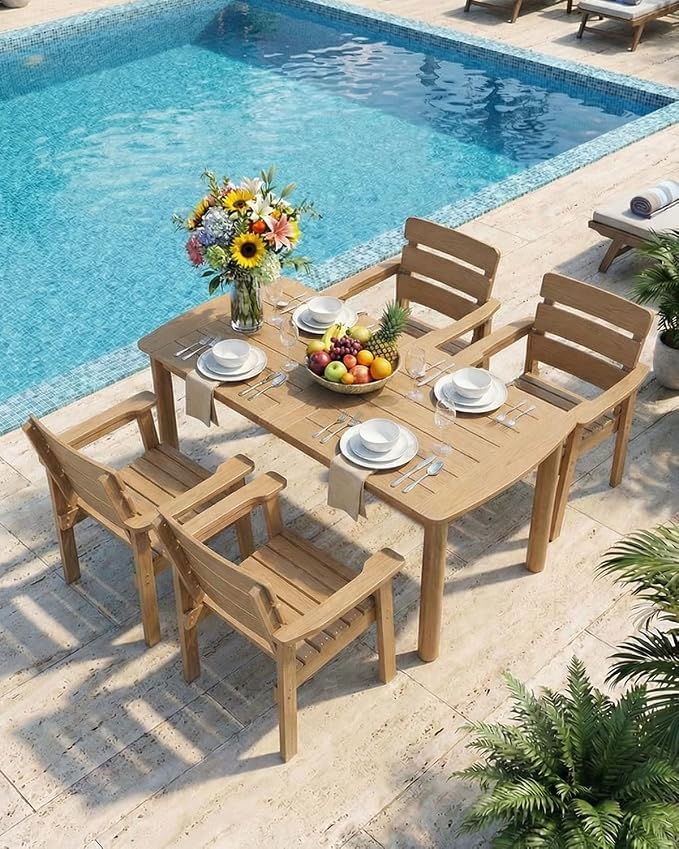 Outdoor Rectangle Dining Table with Rounded Edge, 67" All-Weather HIPS Patio Table for 6, Outdoor Furniture with Umbrella Hole, Ideal for Garden, Poolside, Backyard, Deck, Teak - Image 6