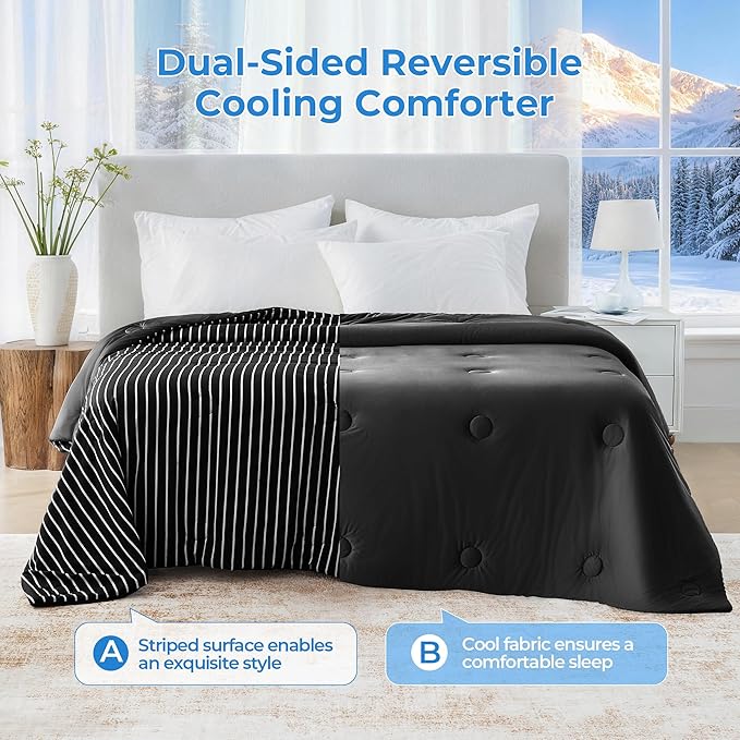 Pinstripe Cooling Comforter Queen Size, Q-Max 0.45 Reversible Striped Cooling Blanket for Hot Sleepers, Breathable Lightweight Silk Smooth Summer Bedding, Quilted Ice Blanket, Black