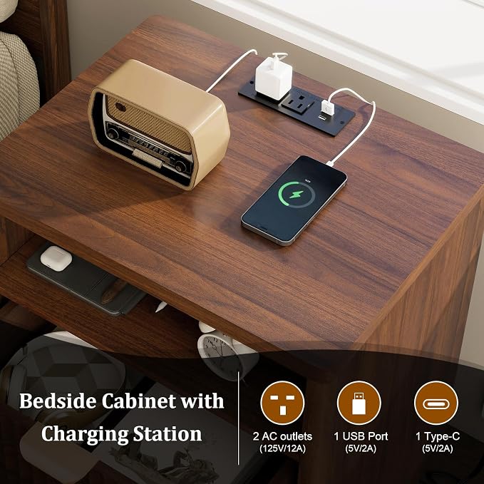 LYNCOHOME Fluted Nightstand with Charging Station, 19.7 inch Wide End Table with 2 Drawers, Modern Wood Bedside Table for Bedroom,Brown,1 Pcs - Image 4