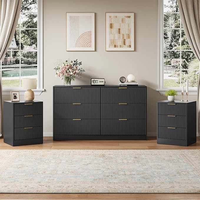 Black Fluted Dresser & Nightstand Set 3-Piece, Long 6 Drawer Dresser and Night Stand Set of 2 with Metal Handle, Fluted Modern Wood Chest of Drawers Storage Dressers Set for Bedroom, Black