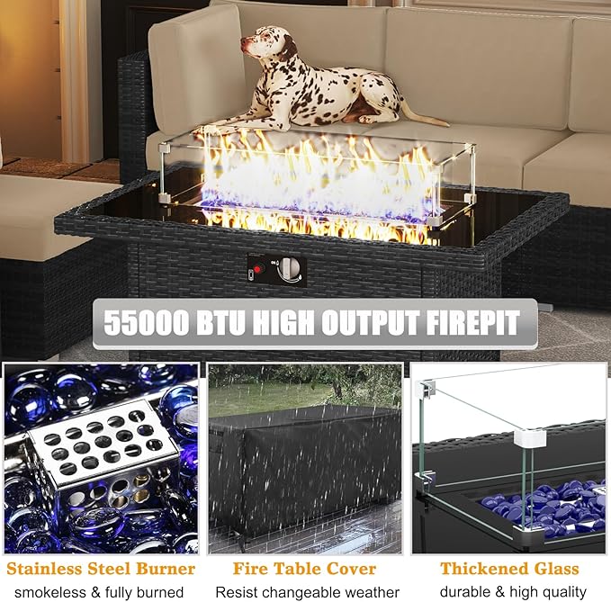 LayinSun 8 Piece Patio Furniture Set with 44" Propane Gas Fire Pit Table, Outdoor Sectional Conversation Set Wicker Rattan Sofa Set with Coffee Table