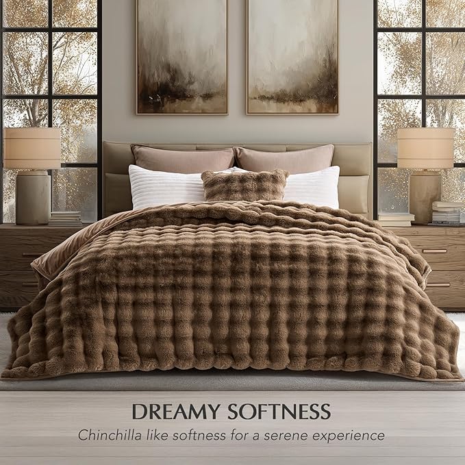 EverGrace Ultra Soft Luxury Fluffy Faux Rabbit Fur Throw Blanket, Thick Warm Bubble Throw for Bed, Cozy Plush Reversible Blankets for Couch, Chair, Sofa, Natural Tan, 90x90 Inches