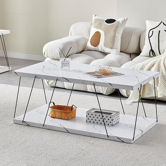 Btrpily Wooden Coffee Table - Modern Marble Coffee Table， Contemporary, Stylish, High-End Furnishing for Your Living Room (White Marble, Rectangle)