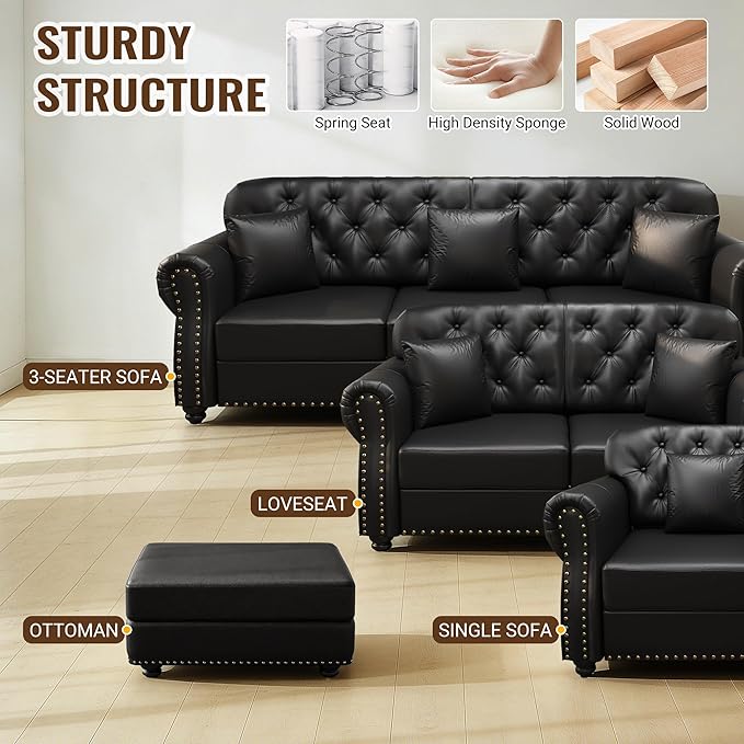 KEIKI 63" Faux Leather Chesterfield Sofa with Rolled Arms & Nailhead Trim & 2 Ottoman, 2-Seater Button Tufted Couch with High Resilience Cushion & 2 Pillow, Easy Assembly, for Living Room, Black
