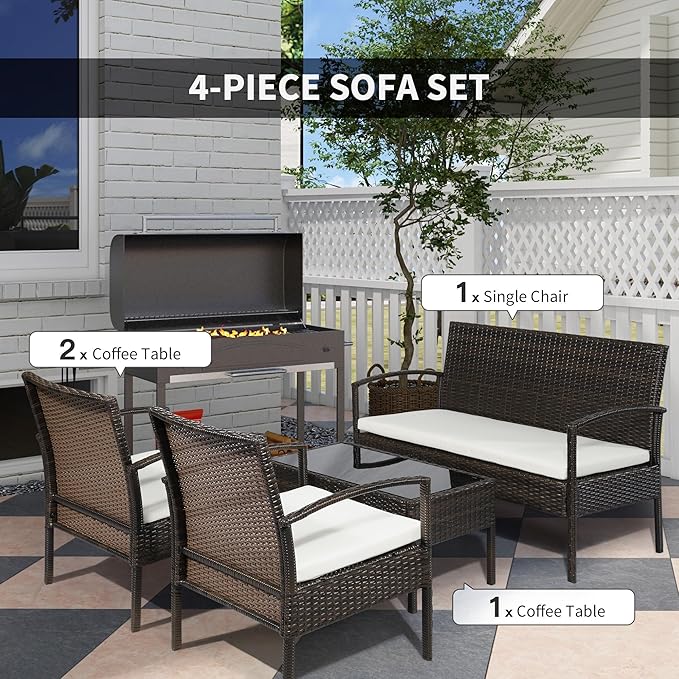Outsunny Patio Furniture Set, 4 Piece Indoor Outdoor PE Wicker Conversation Set with Chairs, Loveseat Sofa, Cushions, Glass Table for Backyard, Sunroom, Pool, Garden, Brown