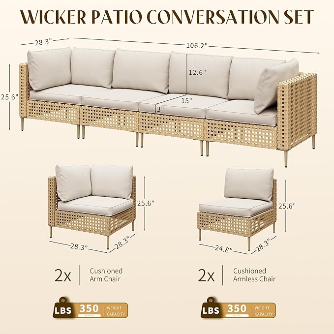 LHBcraft 4 Piece Wicker Patio Furniture Set Boho, Modular Outdoor Couch, Outdoor Conversation Set Sectional Sofa with Water Resistant Fluffy Cushions and Coffee Table, Beige