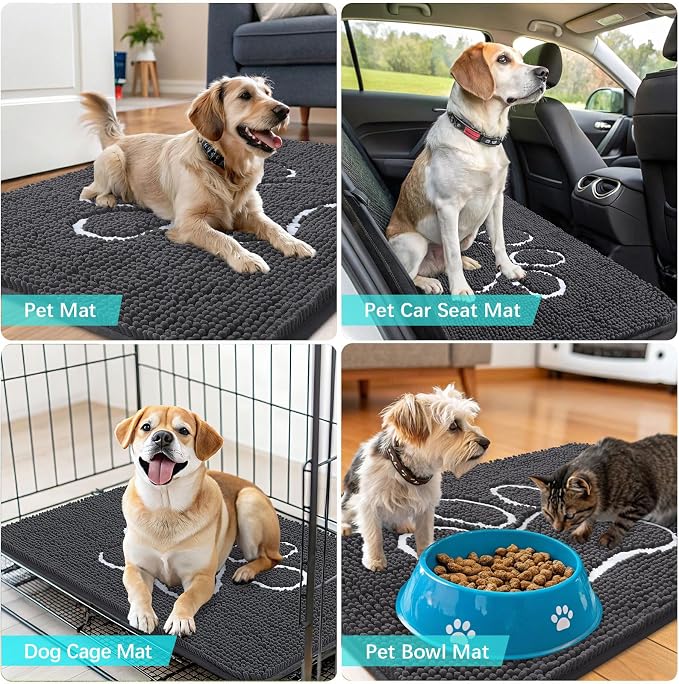 OLANLY Dog Door Mat for Muddy Paws 48x30, Paw Print Design, Absorbs Moisture and Dirt, Absorbent Non-Slip Washable Doormat, Quick Dry Chenille Mud Mat for Dogs, Entry Indoor Entryway Carpet, Dark Grey - Image 7