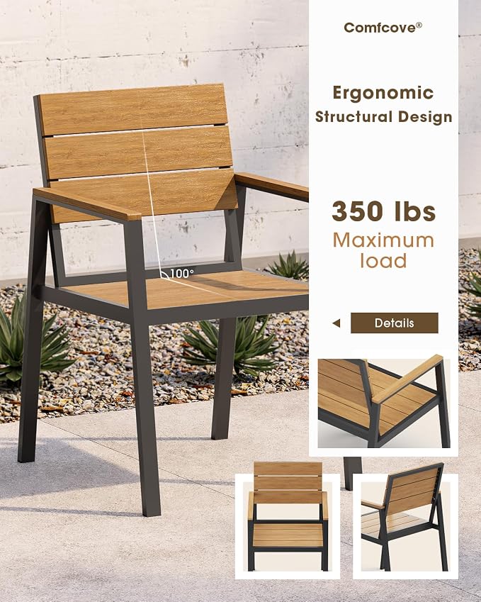 Outdoor Dining Set for 4, Aluminum Patio HDPS Outdooor Table and Chairs Set with Umbrella Hole, All Weather Patio Furniture Set, 5 Peice Patio Dining Table Set (Gray & Teak) - Image 6