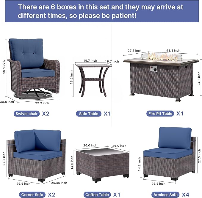 Gotland 11 Pieces Patio Furniture Set with Fire Pit Table Swivel Chairs, PE Rattan Outdoor Furniture with 29.5'' High Backrest 4’’ Thick Cushions, Outdoor Sectional for Porch, Deck, Garden, Navy