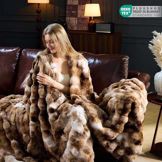 Faux Fur Throw Blanket for Couch, Fluffy Fuzzy Plush Bubble Blanket, Soft Warm Cozy Shaggy Rabbit Blanket, Luxury Decorative Gifts for Sofa Bedroom Living Room, 90x90inch (Tie-Dye-Brown)