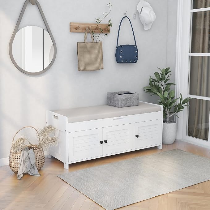 SOFTSEA Upholstered Storage Ottoman with Removable Cushion, Wooden Entryway Bench with 3 Shutter-Shaped Doors and Hidden Storage Space, Shoe Bech for Entreyway, Living Room, White with Beige Cushion by SOFTSEA