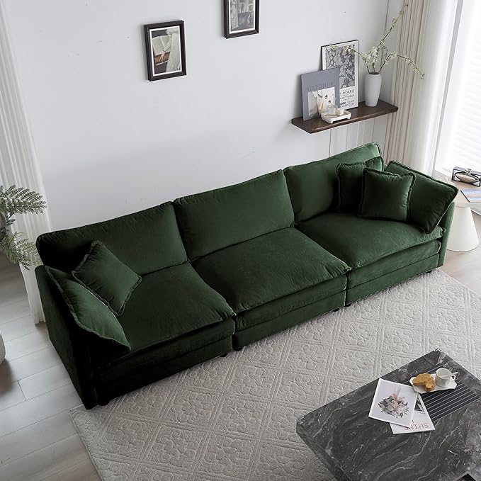 KEIKI Combination Sofa, Upholstered 3 Seater Couch, Oversized Sectional Sofa with Reversible Ottoman for Living Room Bedroom Office, Green