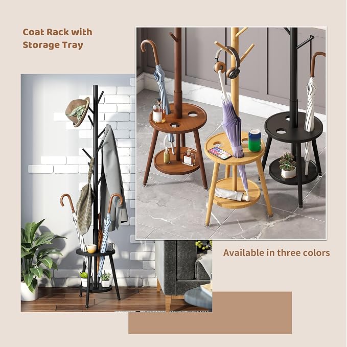 FILWH Freestanding Coat Rack with Umbrella Organizer Tray Bamboo Coat Tree Rack with 8 Hook Stand for Clothes Bag Hats Entryway Hanger Stand(Black) - Image 6