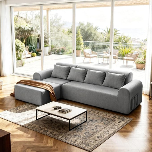 105.5” Cloud Modular Sectional Sofa, No Assembly Deep Seat L-Shaped Chenille Couch with Ottoman & 4 Pillows, 4-Seater for Living Room, Light Grey