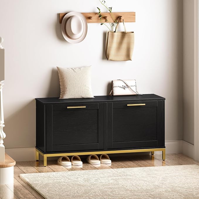 HOOBRO Shoe Bench with Storage, Shoe Storage Bench with 2 Flip Drawers, 39.4" Shoe Cabinet with Bench, Hidden Shoe Rack Organizer for Entryway, Foyer, Hallway, Mudroom, Black and Gold DB48HX01 - Image 4
