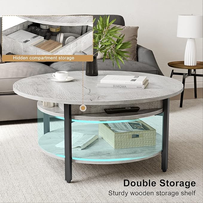 FABATO Round Lift Top Coffee Table, 35.43" Circle Coffee Table with Storage for Living Room Reception Room, Farmhouse 2 Tier Large Round Dining Table, Wood, Gray