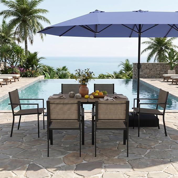 Aoxun 8-Piece Patio Table and Chairs Set & 15ft Patio Umbrella for 6, All Weather Outdoor Dining Set with 6 Textilene Chairs and 1 Rectangular Metal Table for Backyard, Garden, Brown/Blue by Aoxun