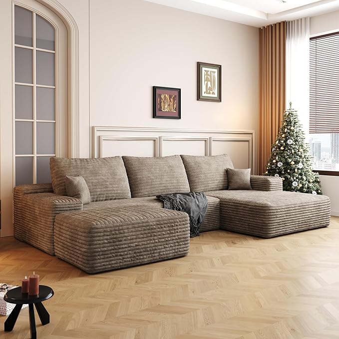 107" U Shaped Corduroy Couch with Ottoman, Compression Boneless Sofa, Deep Seat Cloud Modular Couch, Comfy Sectional Couches for Living Room Bedroom, No Assembly, Right Facing Chaise, Camel