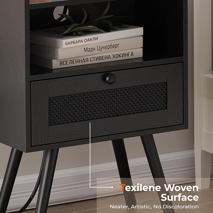 SUPERJARE Nightstands with Charging Station, Bedside Table Set of 2 with Texilene Surface Drawers, Rattan Side Table with Storage & Solid Wood Feet, End Table for Bedroom, All Black - Image 7