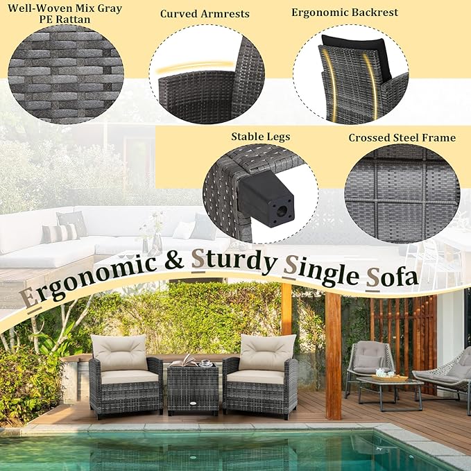 RELAX4LIFE 3 Piece Patio Furniture Set, Wicker Bistro Conversation Set w/2 Cushioned Armchairs & Glass Topped Table, Outdoor Rattan Sofa Set Patio Furniture for Porch Balcony Poolside (Grey-White)