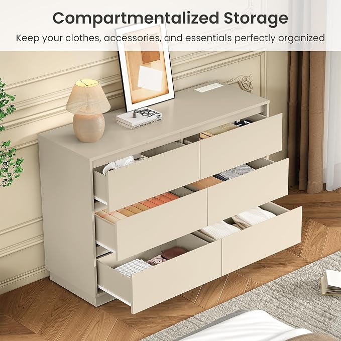 RoyalCraft Beige 6 Drawer Dresser for Bedroom with Charging Station, 47" Wide Modern Chest of Drawers, Wood Closet Clothes Storage Cabinet for Living Room - Image 4