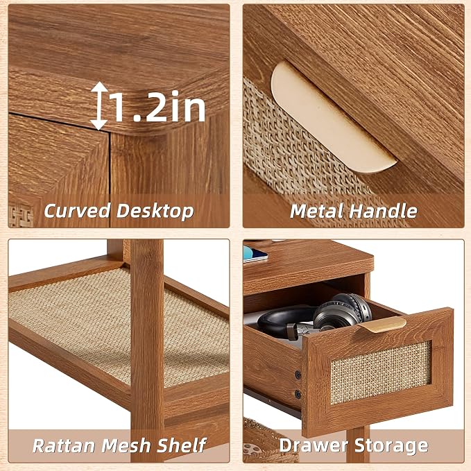 Lerliuo Narrow Night Stand with Charging Station, Boho Nightstand with Drawer, Bed Side End Table with Rattan Shelf for Small Spaces, Wood Nightstands Bedside Tables for Living Room Bedroom - Image 8