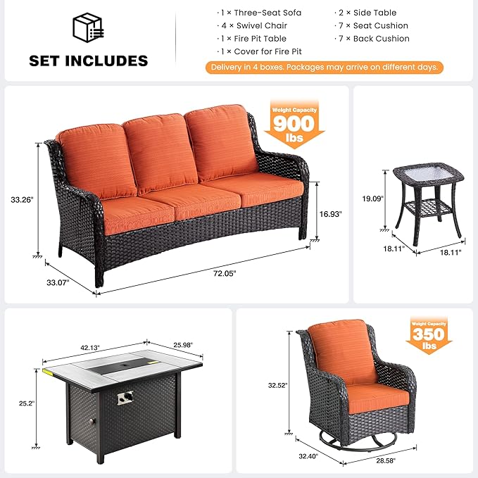 ovios 8-Piece Patio Furniture Set with Swivel Chairs Coffee Table, Outdoor Wicker Sofa with 42" Fire Pit Table, High Back Couch Modern Conversation Sets, Brown/Orange Red