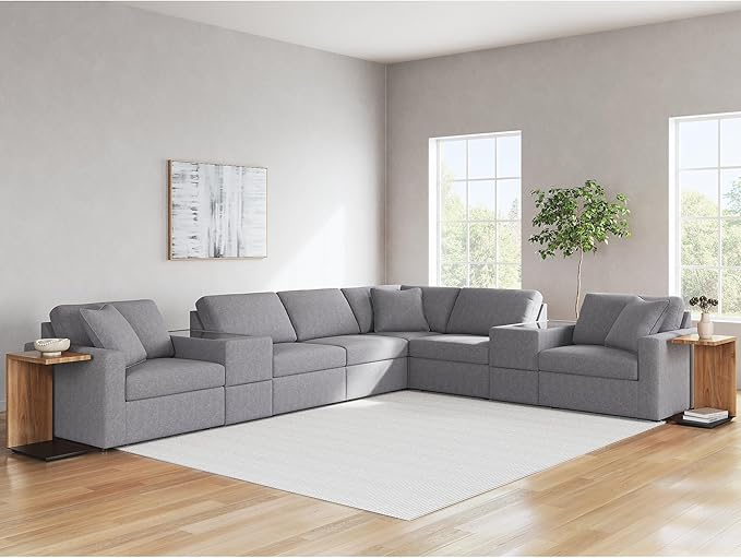 Signature Design by Ashley Modmax Contemporary Stain Resistant Right-Arm Facing 8-Piece Sectional with Storage Consoles, Armrest, Throw Pillows and Reversible Cushions, Gray