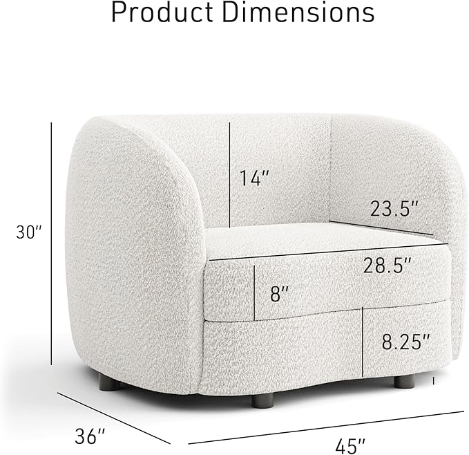 Furniture of America Nimiane Modern Boucle Barrel Chair with Curved Arms and Wooden Legs, Fabric Upholstered Armchair, Comfy Sofa Chair for Living Room, Bedroom, Home Office, Off-White