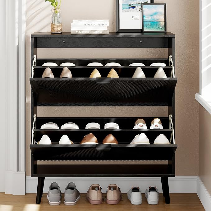 oakvivo Shoe Cabinet Storage, Farmhouse Freestanding Organizer with 2 Flip Drawers and 4 Wooden feet, Narrow Shoe Rack Cabinet for Entryway, Foyer, Hallway, Black - Image 9
