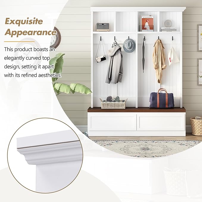 Merax Wood Hall Tree Entryway Bench with 6 Hooks, Farmhouse Mudroom Versatile Coat Racks with 2 Large Drawers Entrance Organizer for Hallway White - Image 5